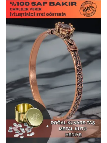 Kadın Bakır Bileklik - Zultanit Taşı Model 2 Ağaç Kabuğu Model İnce Metal Kutu Doğal Taşlar Bilezik