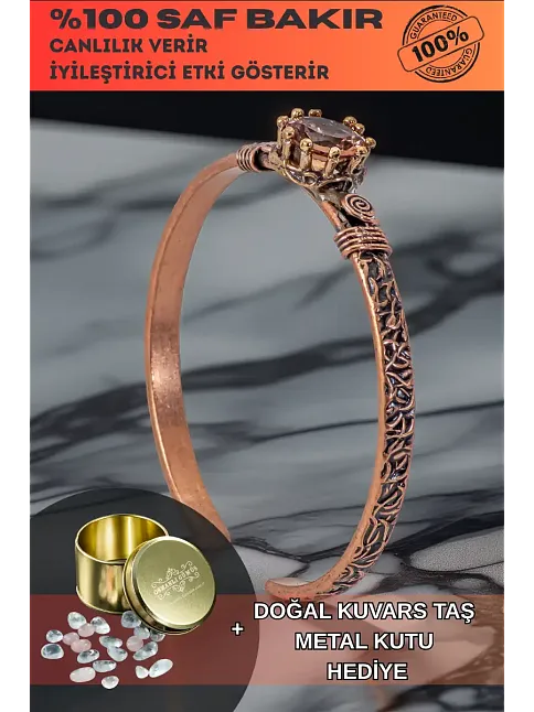 Kadın Bakır Bileklik - Zultanit Taşı Model 2 Ağaç Kabuğu Model İnce Metal Kutu Doğal Taşlar Bilezik