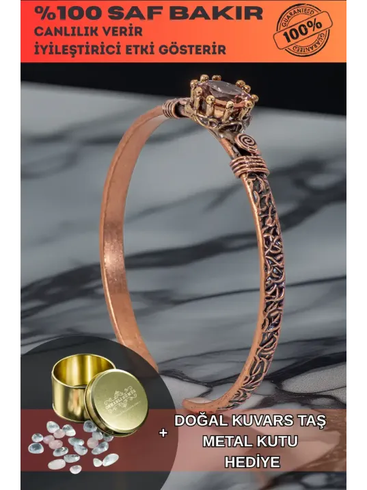 Kadın Bakır Bileklik - Zultanit Taşı Model 2 Ağaç Kabuğu Model İnce Metal Kutu Doğal Taşlar Bilezik