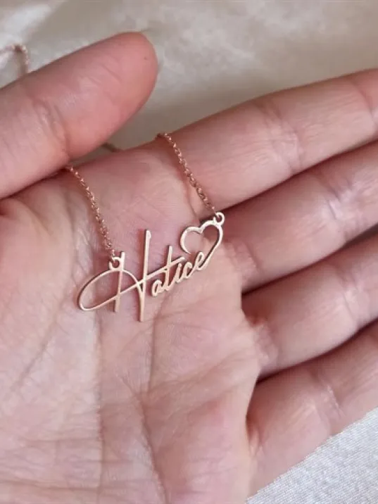 Kişiye Özel Kalp İmza İsim Yazılan Rose Renk Bayan Gümüş Kolye Zincir GKLROSISIMK