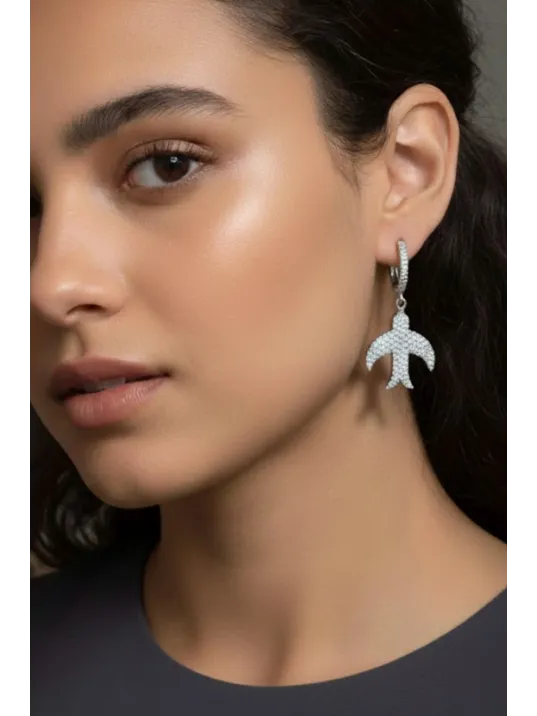 Kadın Gümüş Küpe - Martı Figürlü Zirkon Taş Kaplama Kadın Gümüş Küpe