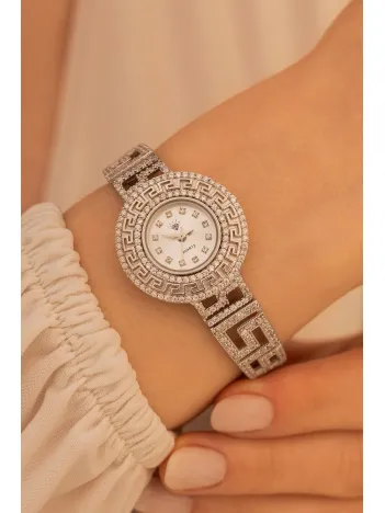 Kadın Gümüş Saat - Gelin Saati - Zirkon Taşlı 925 Ayar Gümüş Kadın Saat Grek Desenli
