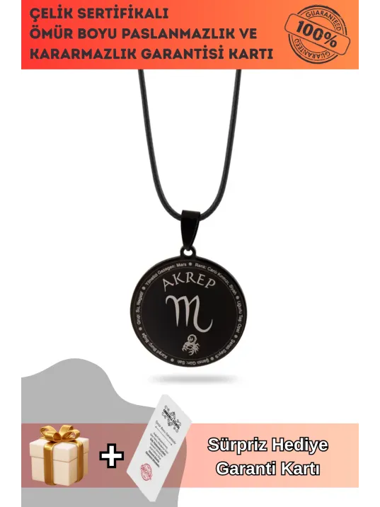 Akrep Burcu Kolyesi Kadın Erkek Çelik Deri Kolye CKLAKREPBUR-SYH