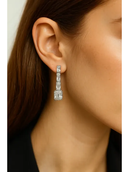 Kadın Gümüş Küpe - Dilruba Baget Taşlı Kare Küpe