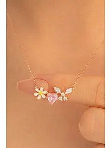 Kadın Gümüş Kolye - Rose Altın Kaplama Zirkon Taşlı Kalp Motifli Gümüş Kolye