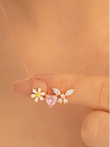 Kadın Gümüş Kolye - Rose Altın Kaplama Zirkon Taşlı Kalp Motifli Gümüş Kolye