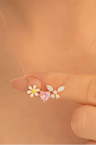 Kadın Gümüş Kolye - Rose Altın Kaplama Zirkon Taşlı Kalp Motifli Gümüş Kolye