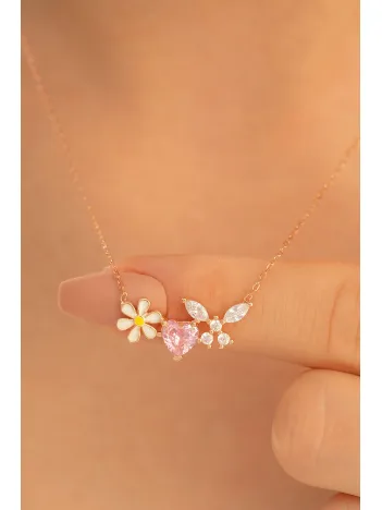 Kadın Gümüş Kolye - Rose Altın Kaplama Zirkon Taşlı Kalp Motifli Gümüş Kolye