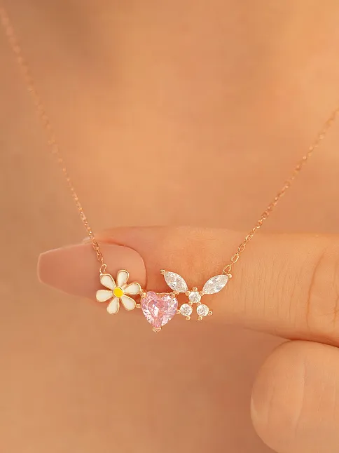 Kadın Gümüş Kolye - Rose Altın Kaplama Zirkon Taşlı Kalp Motifli Gümüş Kolye
