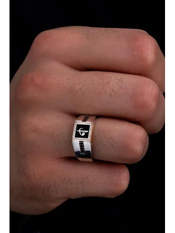 Erkek Gümüş Yüzük - Vav Elif Yazılı Taşlı İnce Kibar Erkek Yüzüğü