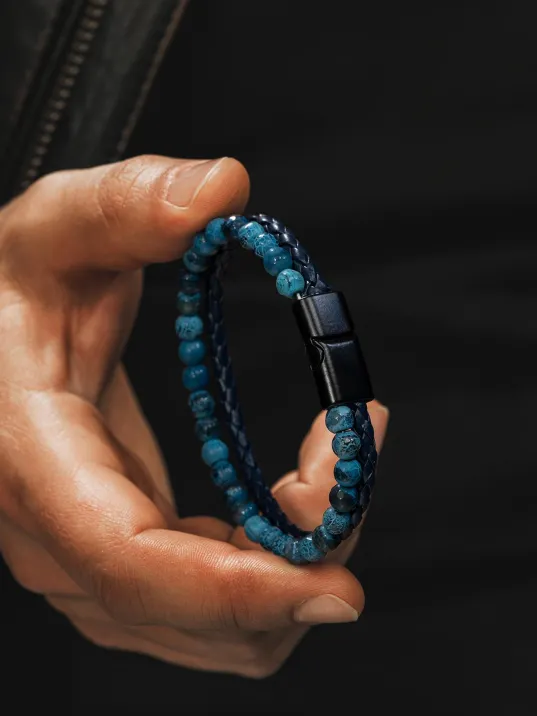 Erkek Doğal Taş Bileklik - Damarlı Mavi Akik Taşı Boncuk ve Örme Deri Erkek Bileklik Erkek Doğal Taş Bileklik - Damarlı Mavi Akik Taşı Boncuk ve Örme Deri Erkek Bileklik
