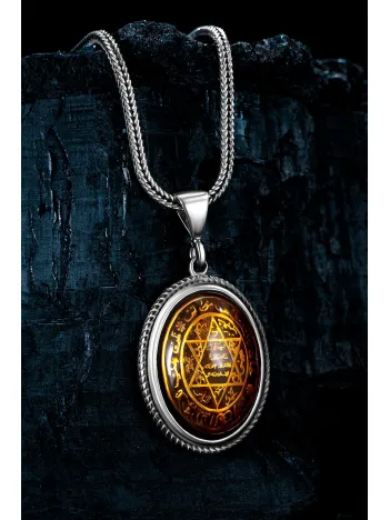 Erkek Gümüş Kolye - Turuncu Hz. Süleyman Mührü Erkek Gümüş Kolye