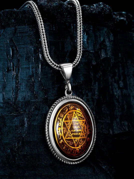 Erkek Gümüş Kolye - Turuncu Hz. Süleyman Mührü Erkek Gümüş Kolye