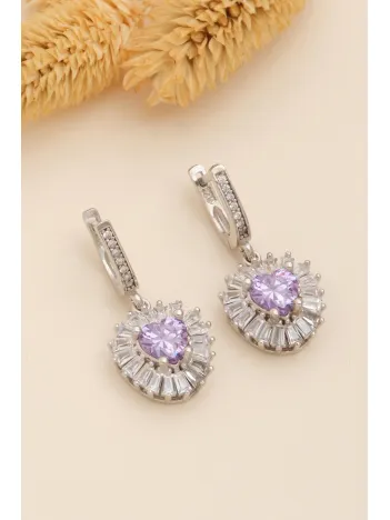 Kadın Gümüş Küpe - Kalp Model Ametist Taşlı Baget Süslemeli Rodyumlu Kadın Küpe
