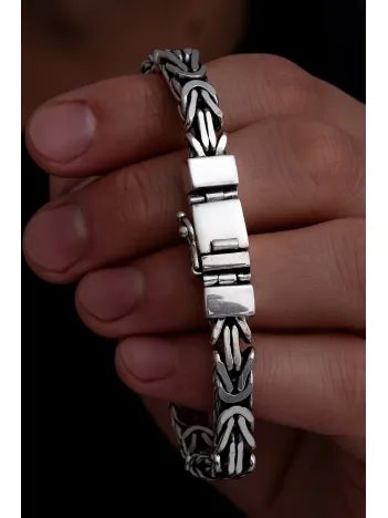 Erkek Gümüş Bileklik - 7.5 mm Özel Kilit Tasarımlı Dikdörtgen Kesim Kral Model Gümüş Bileklik