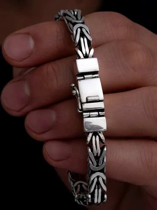 Erkek Gümüş Bileklik - 7.5 mm Özel Kilit Tasarımlı Dikdörtgen Kesim Kral Model Gümüş Bileklik