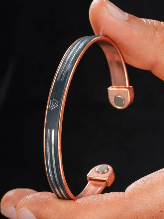 Erkek Kadın Bakır Bileklik - Hakiki Deri Viking İskandinav İşlemeli Mıknatıslı Metal Kutu Kuvars