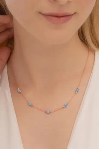 Opal Taşlı Rose Altın Kaplama Kadın Gümüş Kolye