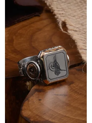 Kare Osmanlı Tuğra Model Yanı Teşkilat-ı Mahsusa Desenli Erkek Gümüş Yüzük