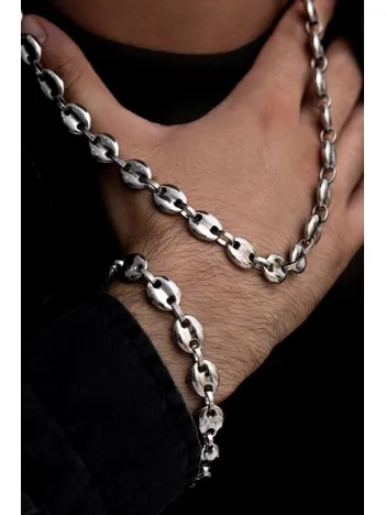 Erkek Çelik Bileklik Kolye Set - Gemici Model Çelik Bileklik Kolye Set