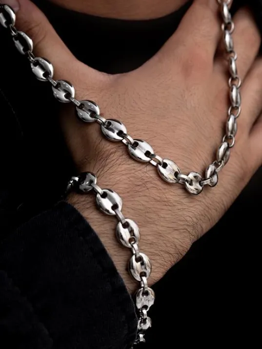 Erkek Çelik Bileklik Kolye Set - Gemici Model Çelik Bileklik Kolye Set