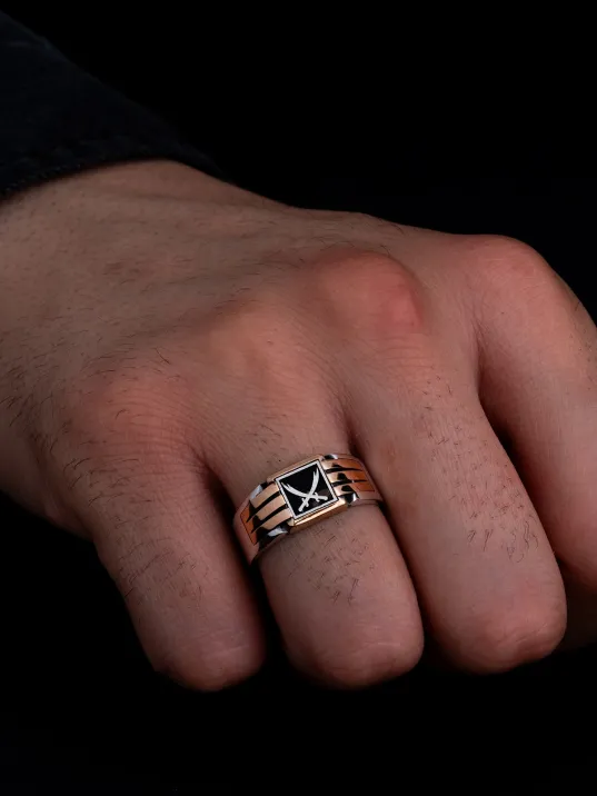 Erkek Gümüş Yüzük - Çift Zülfikarlı Kılıçlı İnce Kibar Erkek Yüzüğü