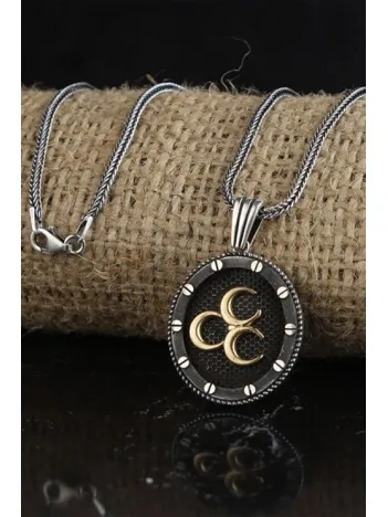 Üç Hilal Oval Model Gümüş Erkek Kolye