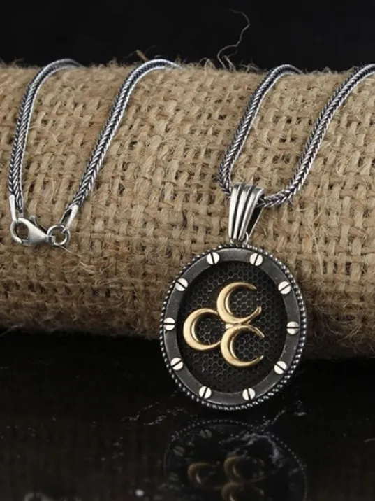 Üç Hilal Oval Model Gümüş Erkek Kolye