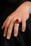 Yakut Garnet Taşlı Yanı Zirkon Taşlı Desenli Erkek Gümüş Yüzük