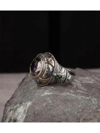 Erkek Gümüş Yüzük Hare Mistik Topaz Taşlı Erkek Gümüş Yüzük