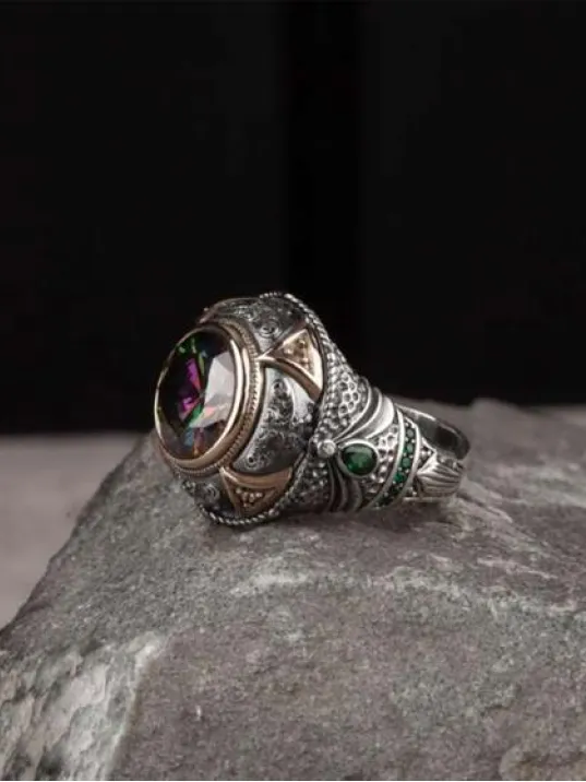 Erkek Gümüş Yüzük Hare Mistik Topaz Taşlı Erkek Gümüş Yüzük