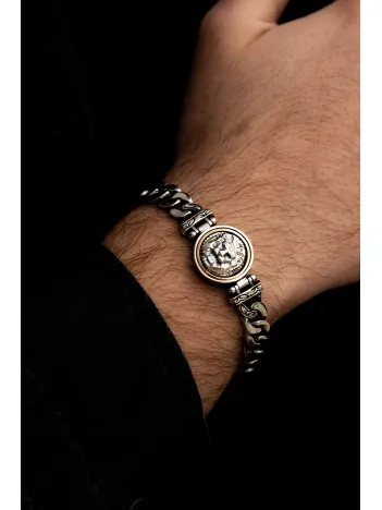 Erkek Gümüş Bileklik - Ortası Dönen Aslan Model Gurmet Zincir Gümüş Bileklik Künye