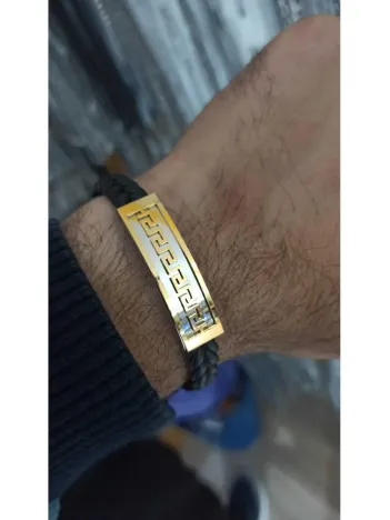 Grek Desenli Suni Deri Erkek Çelik Bileklik