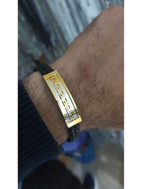 Grek Desenli Suni Deri Erkek Çelik Bileklik