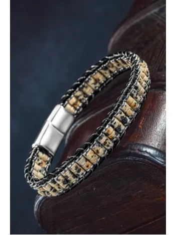 Erkek Kadın Jasper Ve Beyaz Hematit Taşı Deri Kordon Doğal Taş Bileklik Erkek Kadın Jasper Ve Beyaz Hematit Taşı Deri Kordon Doğal Taş Bileklik