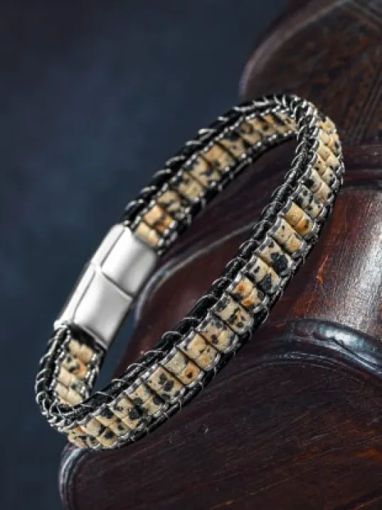 Erkek Kadın Jasper Ve Beyaz Hematit Taşı Deri Kordon Doğal Taş Bileklik