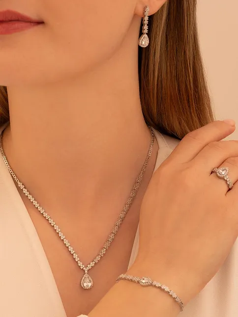 Kadın Gümüş Takı Seti - Aylin Damla Model Zirkon Taşlı Kolye, Bileklik, Yüzük, Küpe Tam Set