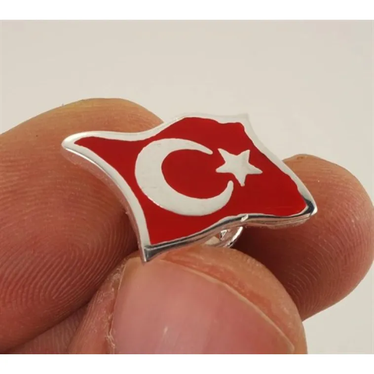 Ay Yıldız Türk Bayrağı Gümüş Rozet Ay Yıldız Türk Bayrağı Gümüş Rozet