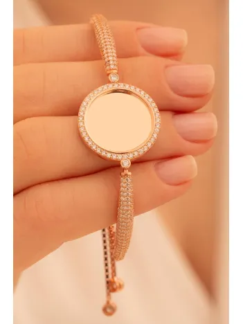 Kadın Gümüş Bileklik - Rose Kaplama İsim Yazılabilir Yuvarlak Plaka Asansörlü Kadın Bileklik