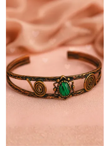 Kadın Bakır Bileklik - Yeşil Malahit (Malakit) Doğal Taşlı Otantik Model El İşçiliği Tasarım Bilezik