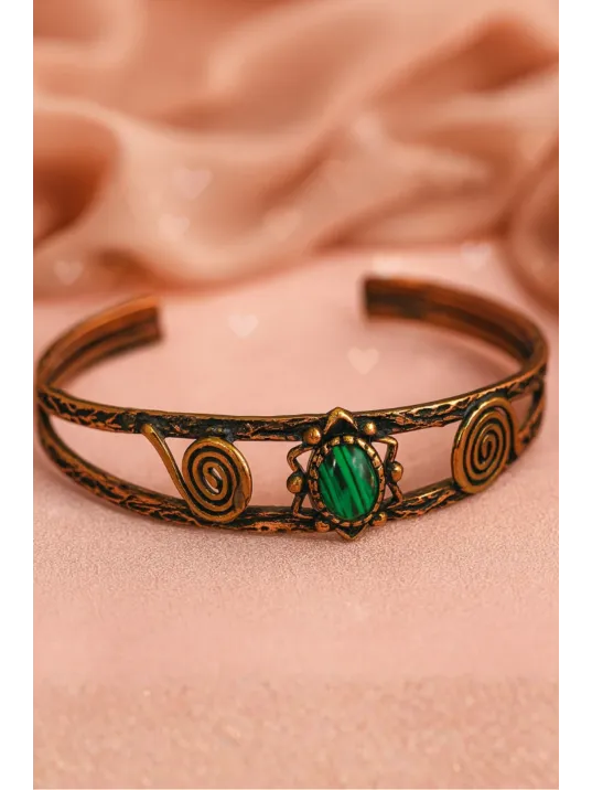 Kadın Bakır Bileklik - Yeşil Malahit (Malakit) Doğal Taşlı Otantik Model El İşçiliği Tasarım Bilezik