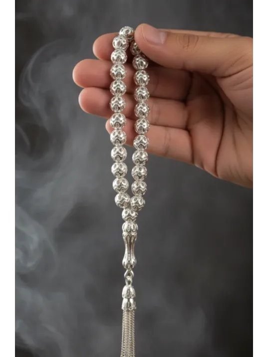 Erkek Gümüş Tespih - 925 Ayar Model Delikli Parlak Küre Üzüm Detaylı Kesim Tesbih Bilek Boy