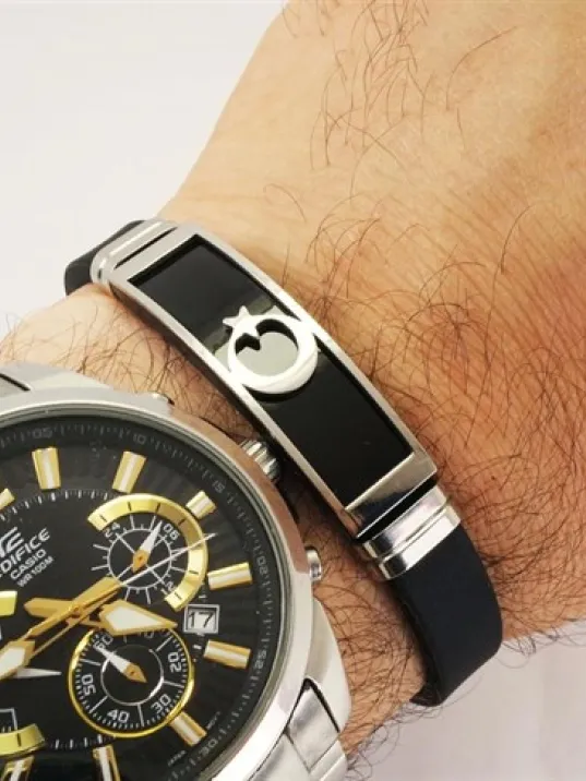 Ay Yıldız Bayraklı Kauçuk Çelik Erkek Bileklik