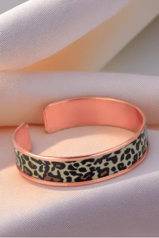 Kadın Bakır Bileklik - Leopar Model Özel Baskı Metal Kutu Ve Kuvars Taşı