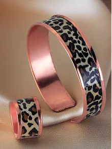 Kadın Bakır Bileklik Yüzük Set - Leopar Model Özel Baskı Metal Kutu Ve Kuvars Taşı
