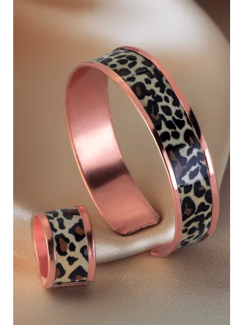 Kadın Bakır Bileklik Yüzük Set - Leopar Model Özel Baskı Metal Kutu Ve Kuvars Taşı