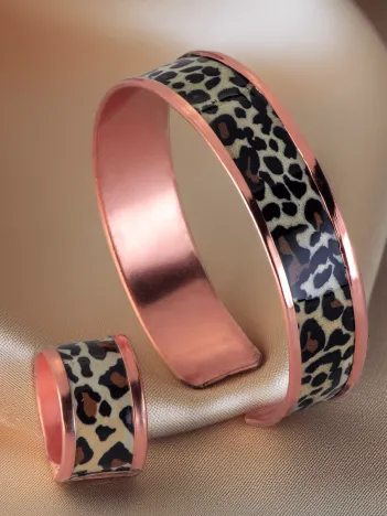 Kadın Bakır Bileklik Yüzük Set - Leopar Model Özel Baskı Metal Kutu Ve Kuvars Taşı