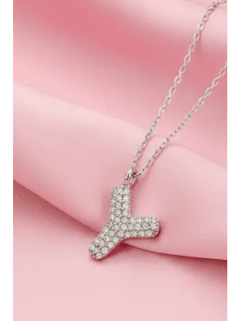 Kadın Gümüş Kolye - 925 Ayar Zirkon Taşlı Balon Y Harfi Bayan Kolye