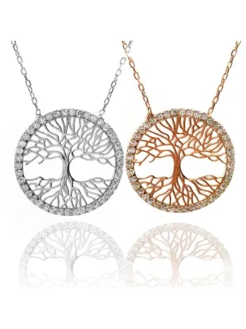 Taşlı Hayat Ağacı Bayan Gümüş Kolye Zincir Gklhaytagac