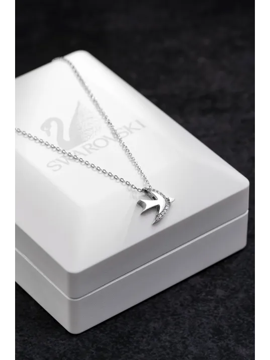Kadın Gümüş Kolye - Swarovski Taşlı Tek Sıra Zirconia Ay Motifli Kuş Kadın Kolye